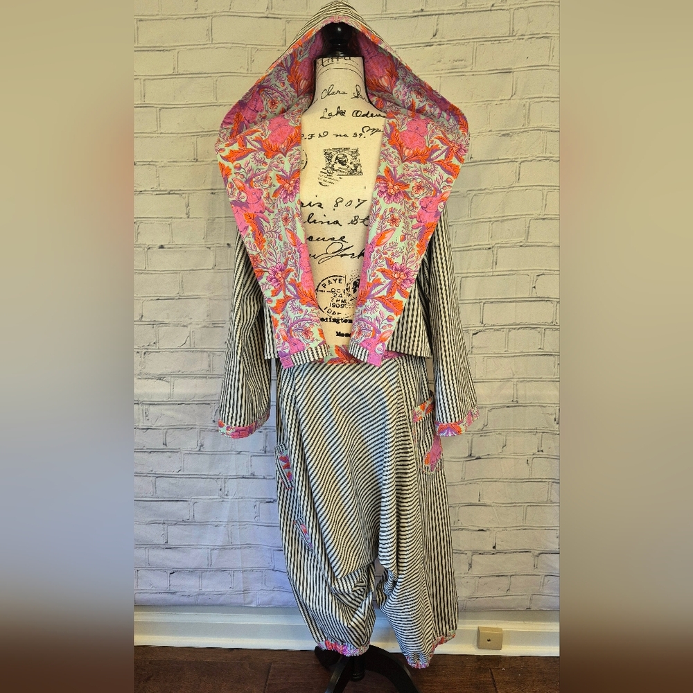 Pink Floral Bomber Jacket with Striped Drop Crotch Pants Set